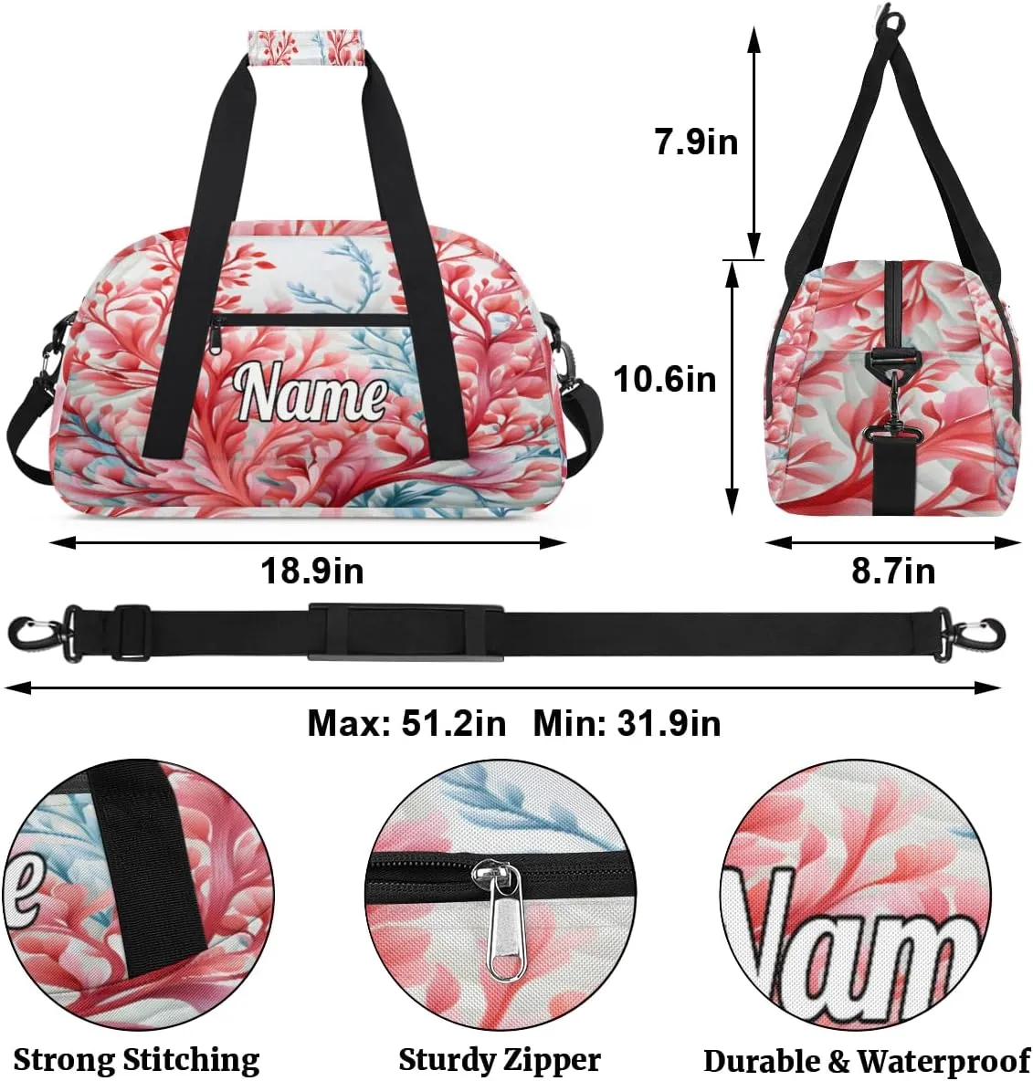 Ocean Coral Print Custom Sports Gym Bag Personalized Dance Bag Teens Travel Weekender Overnight Carry On Bag Boys Girls Waterproof