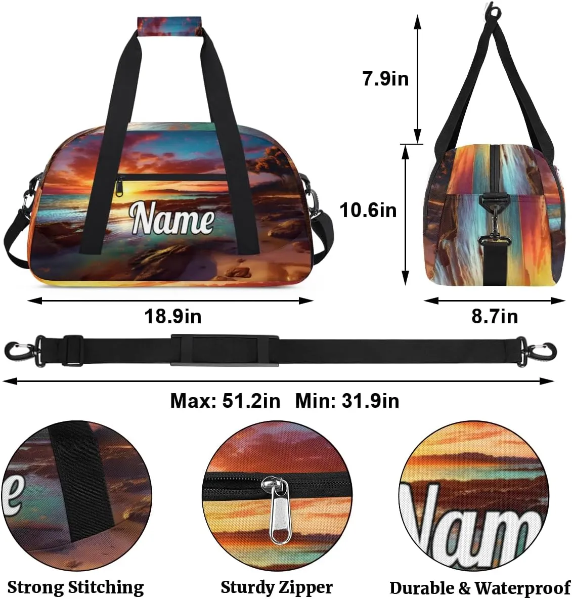 Ocean Sandy Beach Custom Name Sport Duffel Bag Dance Bag for Girls Teens Personalized Ballet Bag Gift for Birthday Christmas Helloween