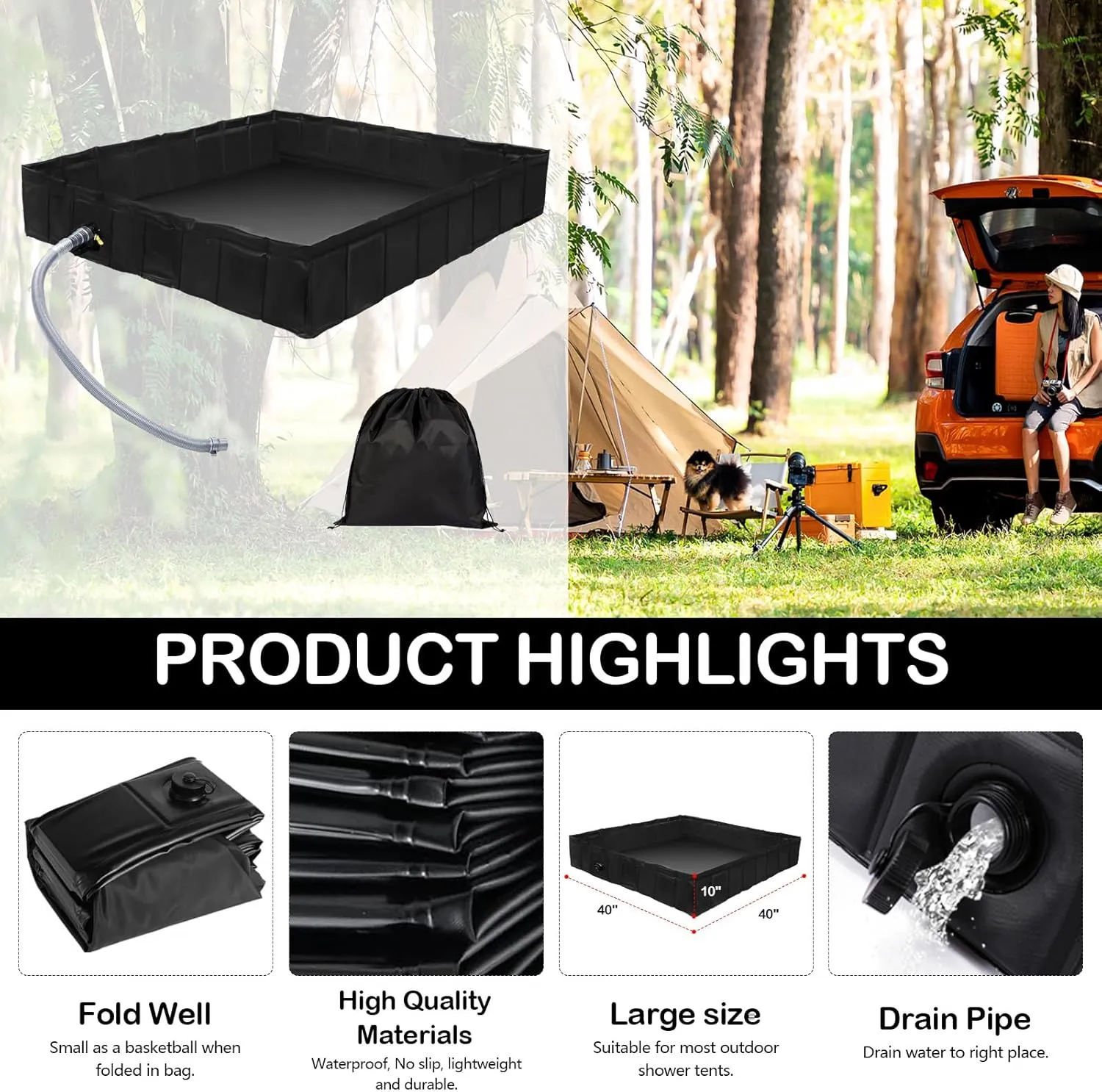 Outdoor Camping Shower Base, Upgrade 40 * 40 * 10 Inch Foldable Shower Tent Awning Base with Drain Hose Portable Shower Pan for Outdoor Camping Beach RV or Caravan