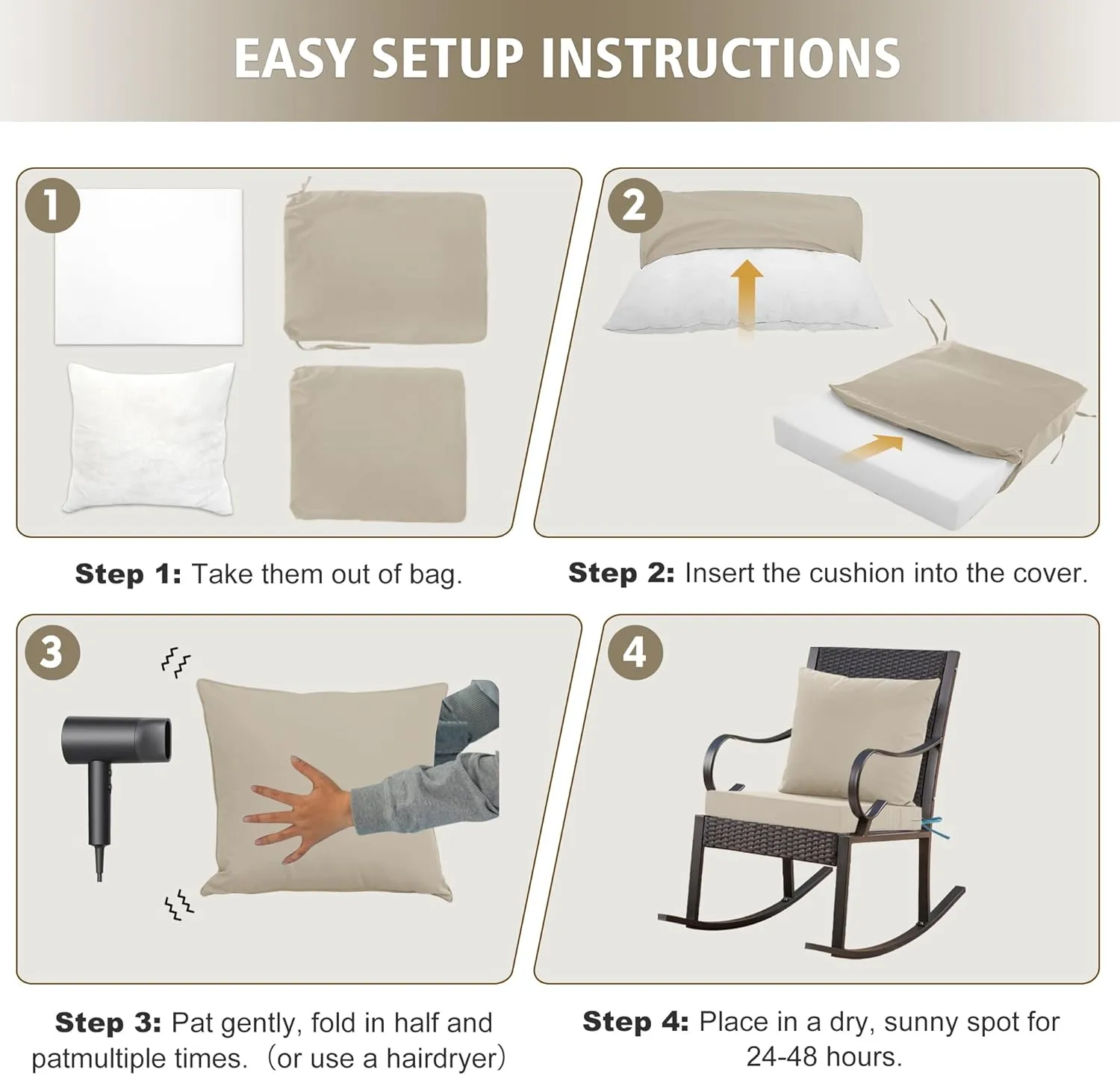 Outdoor Cushions for Patio Furniture, Waterproof Outdoor Chair Cushion w/Fade-Resistant, Removable & Machine-Washable Cover, 22x22 Inch, Deep Seat Sofa/Couch Pad Replacement – Set of 2, Cream