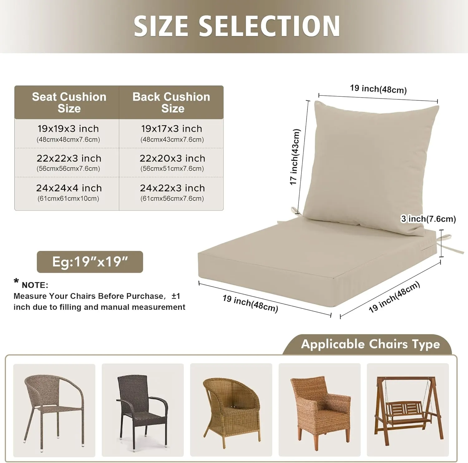 Outdoor Cushions for Patio Furniture, Waterproof Outdoor Chair Cushion w/Fade-Resistant, Removable & Machine-Washable Cover, 22x22 Inch, Deep Seat Sofa/Couch Pad Replacement – Set of 2, Cream