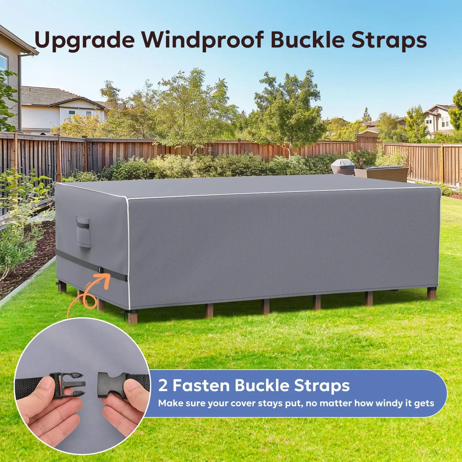 Outdoor Furniture Covers Waterproof, Upgrade Windproof Patio Furniture Covers, Tear-Resistant Patio Table and Chair Set Cover with Buckle Straps and Elastic Hem, 90" L× 62" W×28" H, Grey