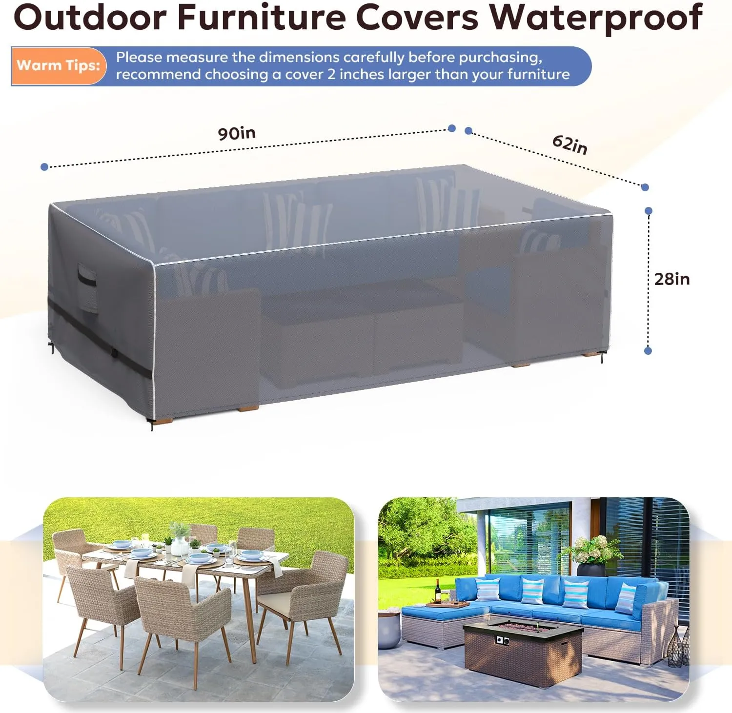Outdoor Furniture Covers Waterproof, Upgrade Windproof Patio Furniture Covers, Tear-Resistant Patio Table and Chair Set Cover with Buckle Straps and Elastic Hem, 90" L× 62" W×28" H, Grey