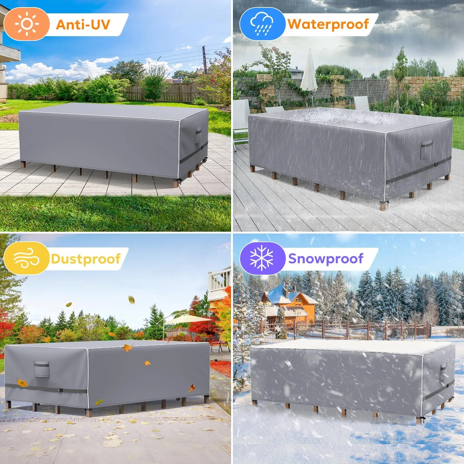 Outdoor Furniture Covers Waterproof, Upgrade Windproof Patio Furniture Covers, Tear-Resistant Patio Table and Chair Set Cover with Buckle Straps and Elastic Hem, 90" L× 62" W×28" H, Grey