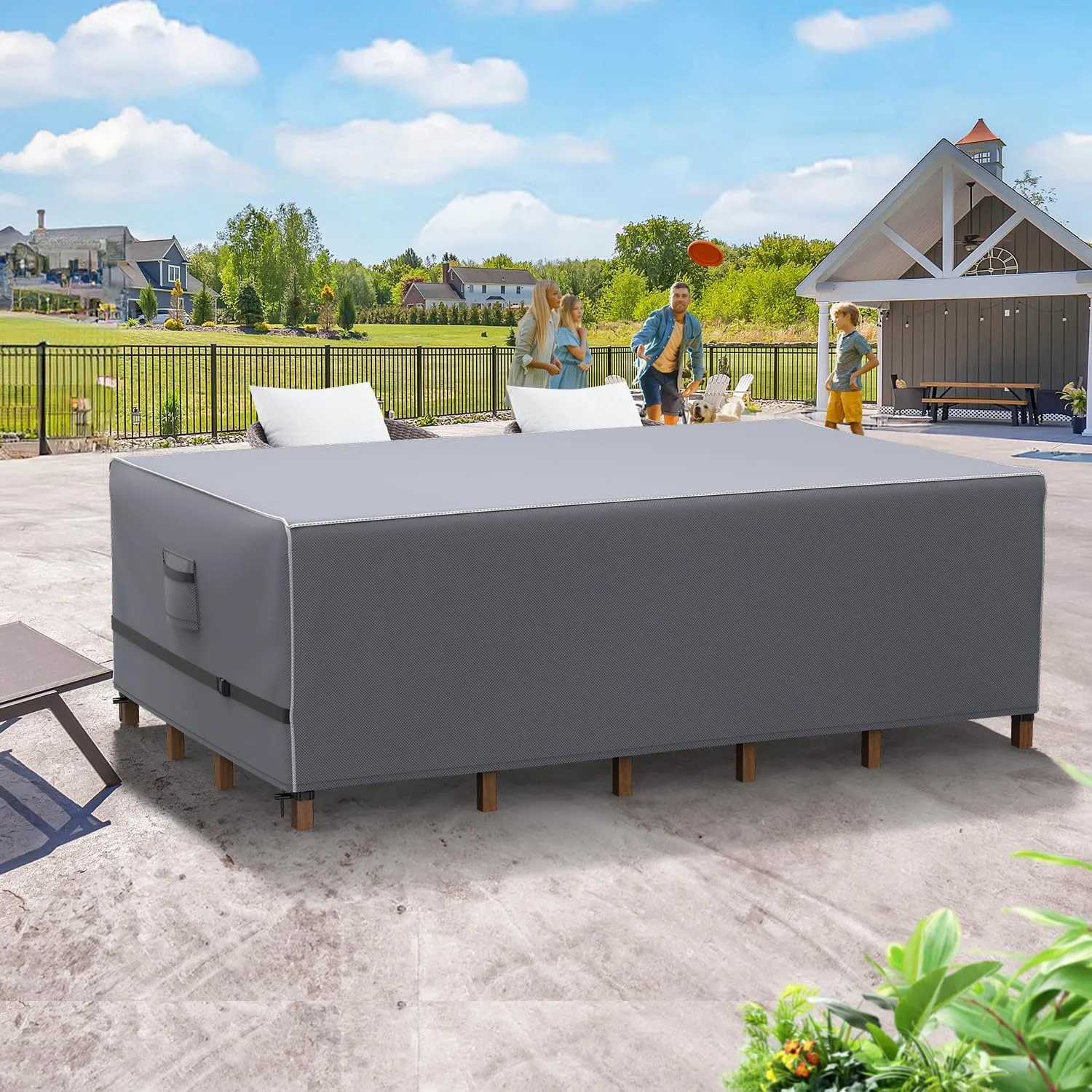 Outdoor Furniture Covers Waterproof, Upgrade Windproof Patio Furniture Covers, Tear-Resistant Patio Table and Chair Set Cover with Buckle Straps and Elastic Hem, 90" L× 62" W×28" H, Grey