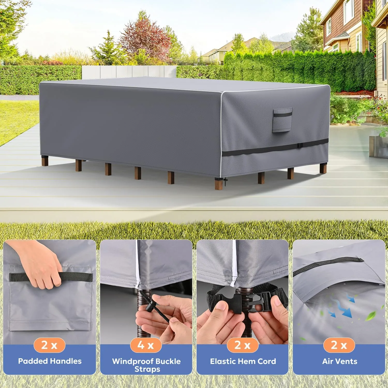 Outdoor Furniture Covers Waterproof, Upgrade Windproof Patio Furniture Covers, Tear-Resistant Patio Table and Chair Set Cover with Buckle Straps and Elastic Hem, 90" L× 62" W×28" H, Grey