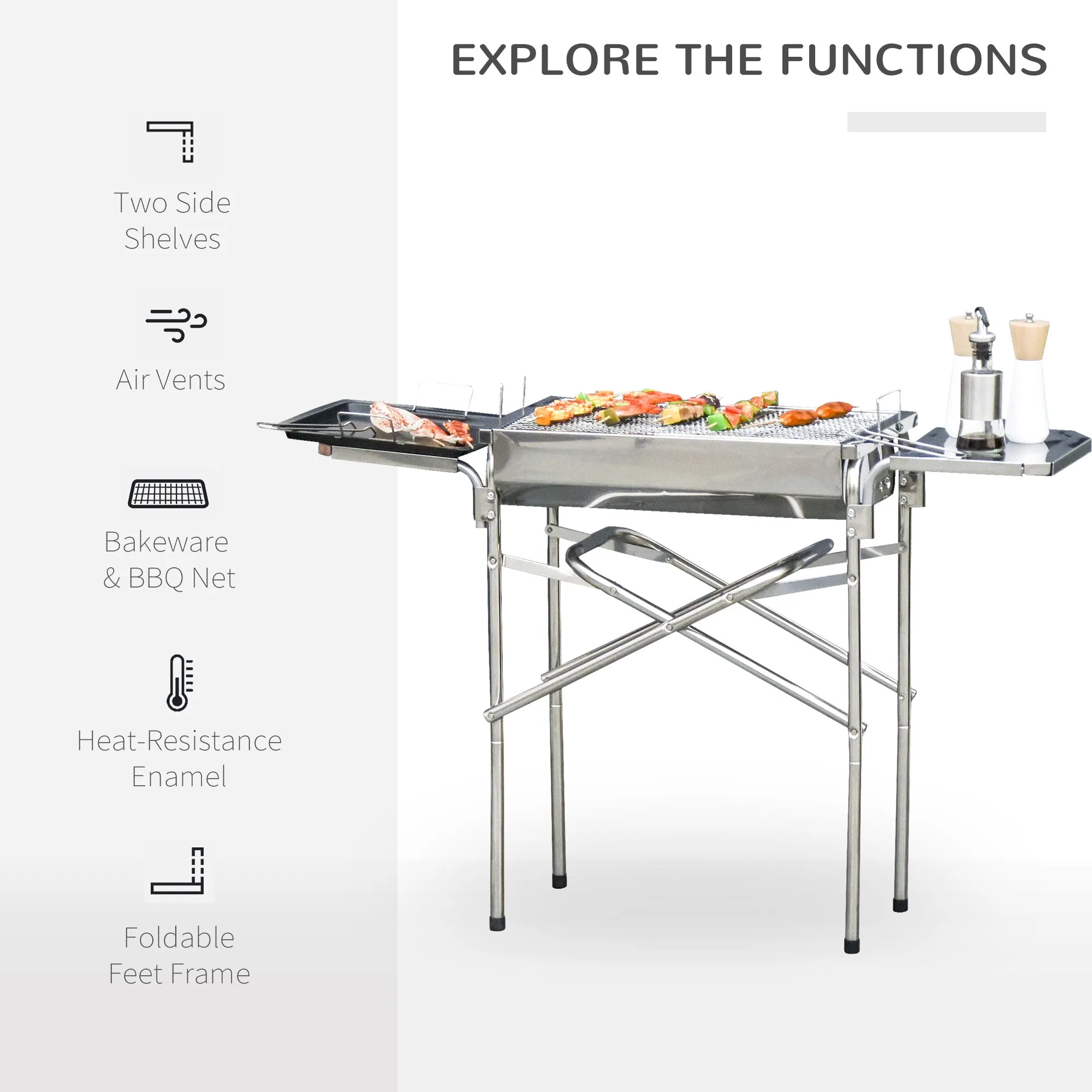 Outsunny Outdoor Folding Bbq Rectangular Stainless Steel Foldable Pedestal Charcoal Barbecue Grill - Silver