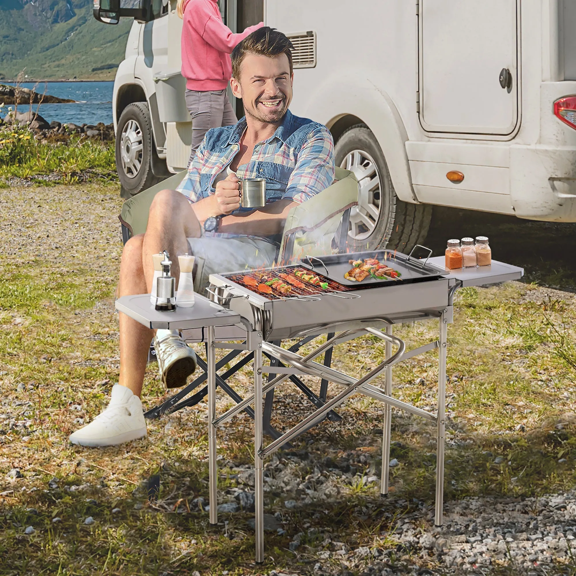 Outsunny Outdoor Folding Bbq Rectangular Stainless Steel Foldable Pedestal Charcoal Barbecue Grill - Silver