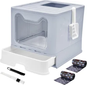 Panghuhu88 Foldable Cat Litter Box with Lid, Large Top Entry Cat Toilet, Enclosed Cat Potty Include Cat Litter Scoop, Drawer Type Easy Clean Cat Litter Pan(Grey)