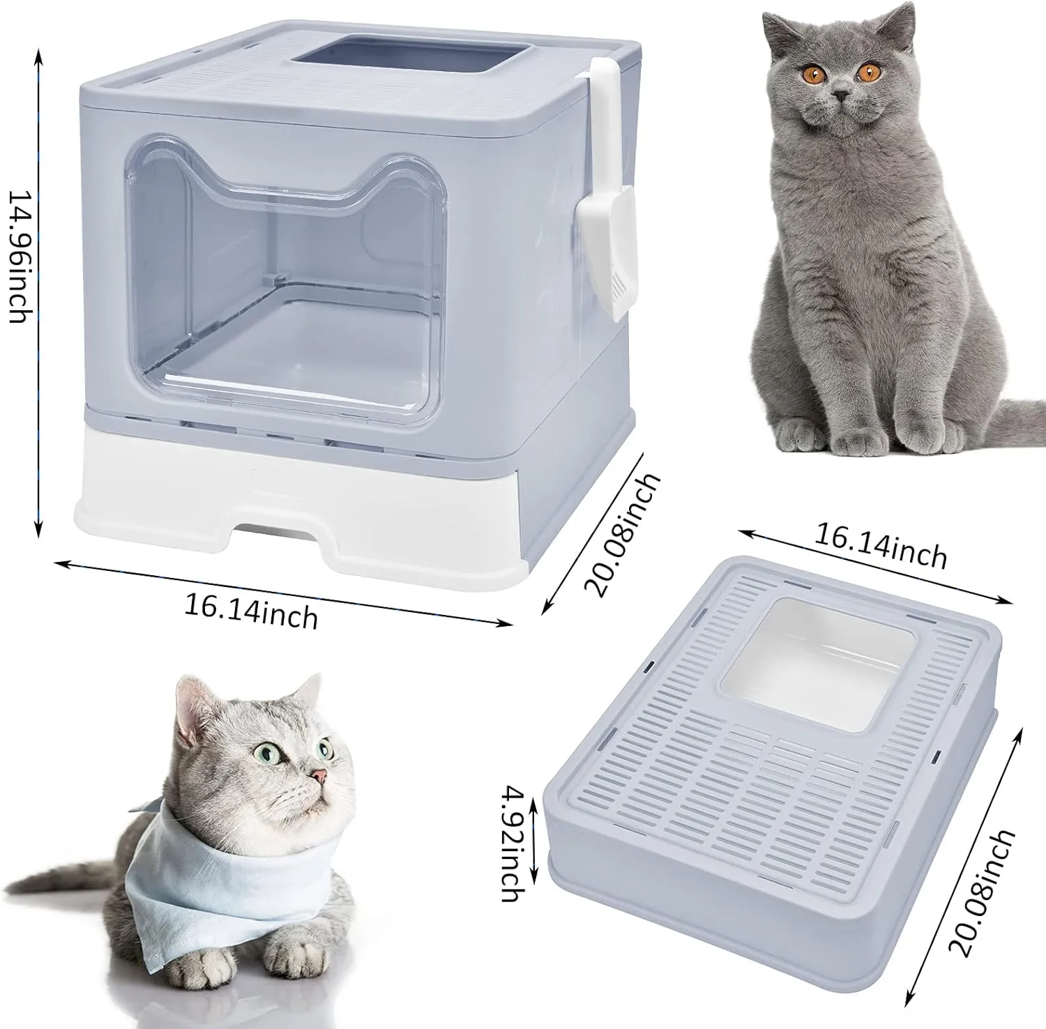 Panghuhu88 Foldable Cat Litter Box with Lid, Large Top Entry Cat Toilet, Enclosed Cat Potty Include Cat Litter Scoop, Drawer Type Easy Clean Cat Litter Pan(Grey)