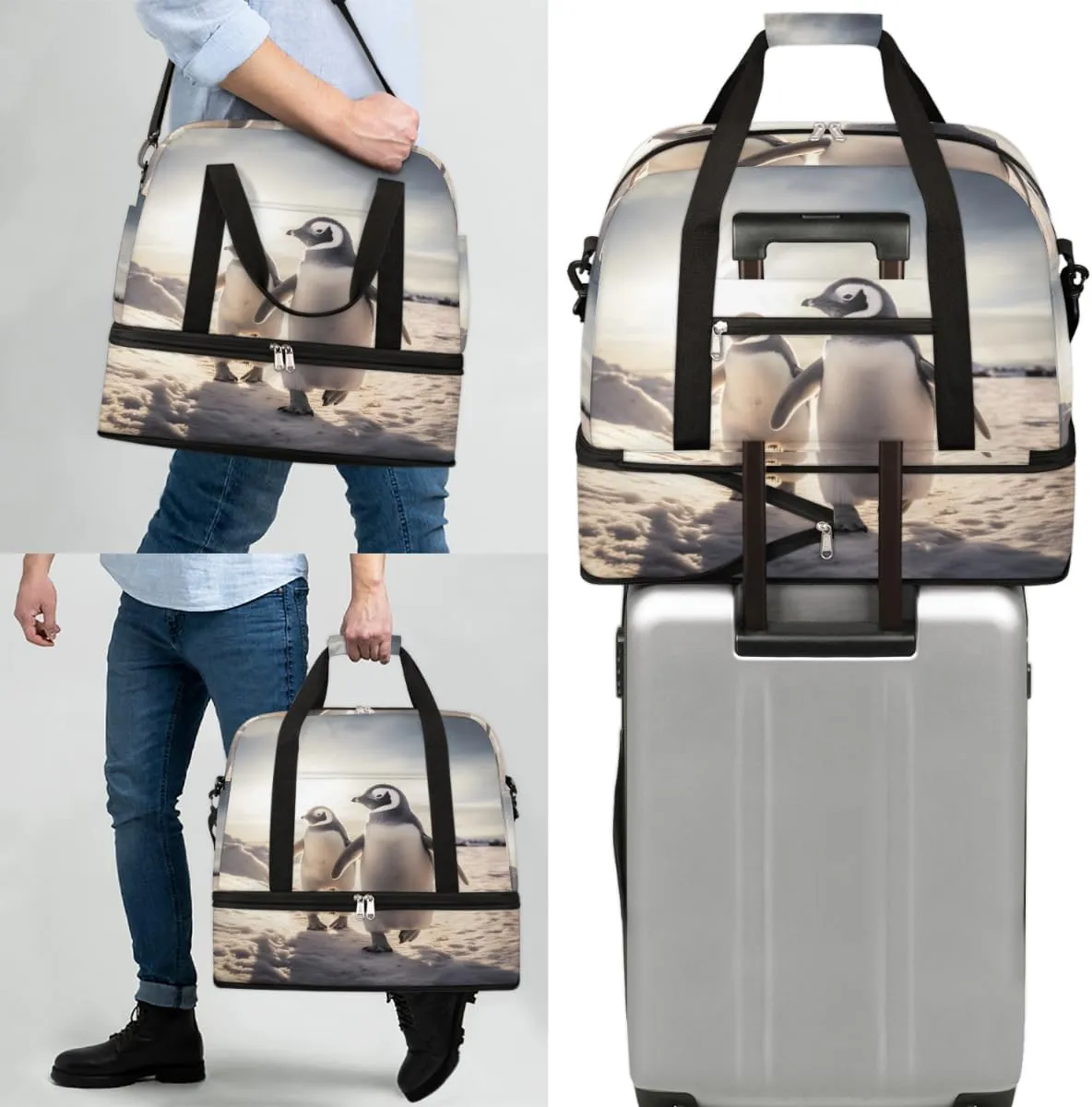 Penguin Theme Foldable Duffle Bag with Shoes Compartment Large Capacity Waterproof Travel Weekender Bag Overnight Bag for Sports Gym