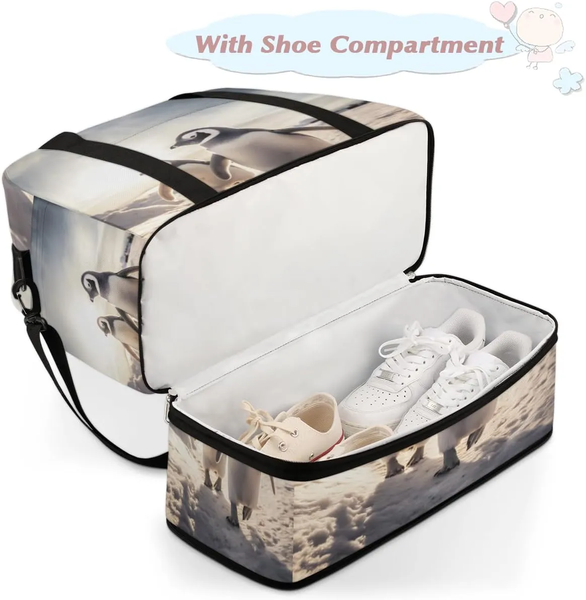 Penguin Theme Foldable Duffle Bag with Shoes Compartment Large Capacity Waterproof Travel Weekender Bag Overnight Bag for Sports Gym