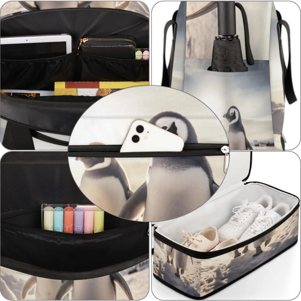 Penguin Theme Foldable Duffle Bag with Shoes Compartment Large Capacity Waterproof Travel Weekender Bag Overnight Bag for Sports Gym