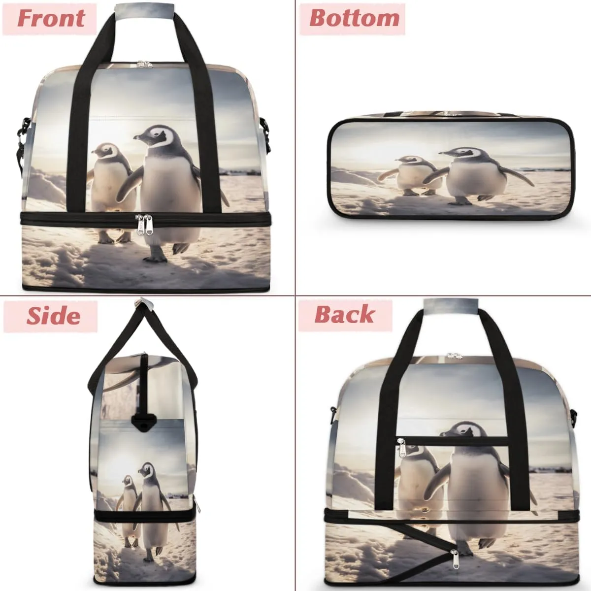 Penguin Theme Foldable Duffle Bag with Shoes Compartment Large Capacity Waterproof Travel Weekender Bag Overnight Bag for Sports Gym