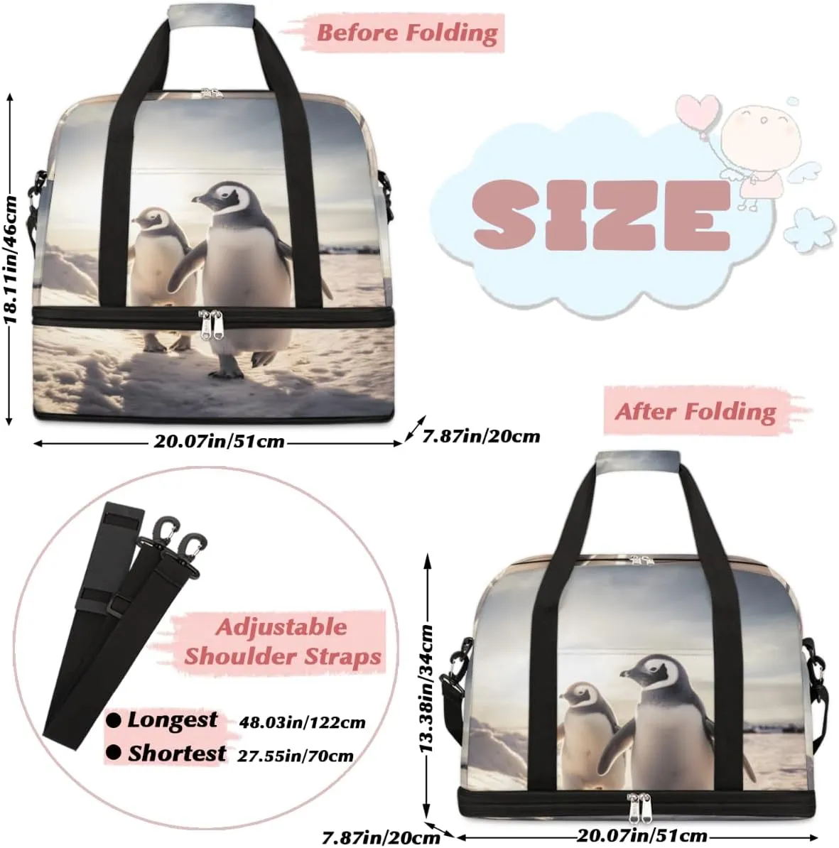 Penguin Theme Foldable Duffle Bag with Shoes Compartment Large Capacity Waterproof Travel Weekender Bag Overnight Bag for Sports Gym