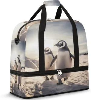Penguin Theme Foldable Duffle Bag with Shoes Compartment Large Capacity Waterproof Travel Weekender Bag Overnight Bag for Sports Gym