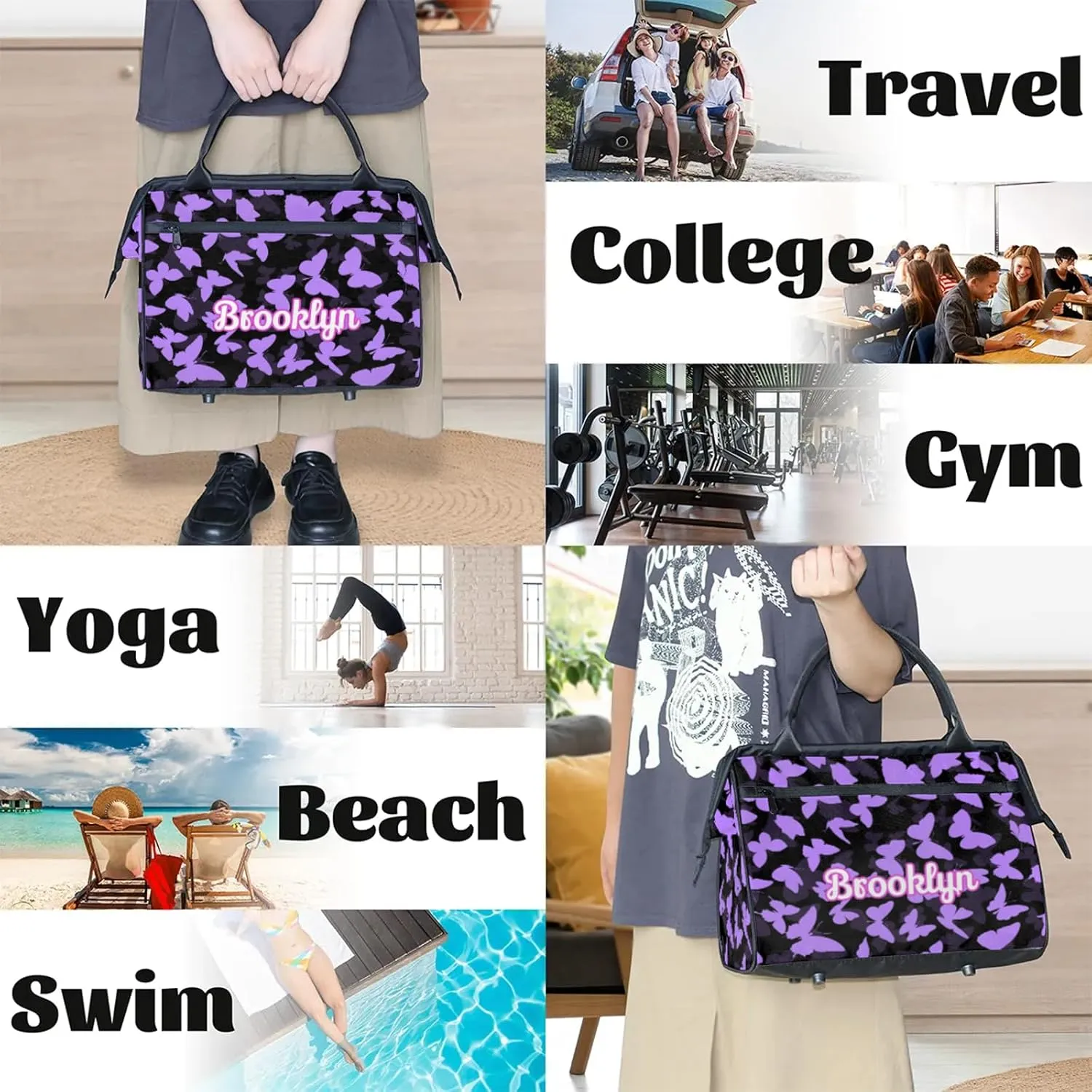 Personalized Butterfly Duffel Bag with Name Custom Travel Sports Bag for Women Men Waterproof Dance Ballet Bag Lightweight 15.2in, Light Purple