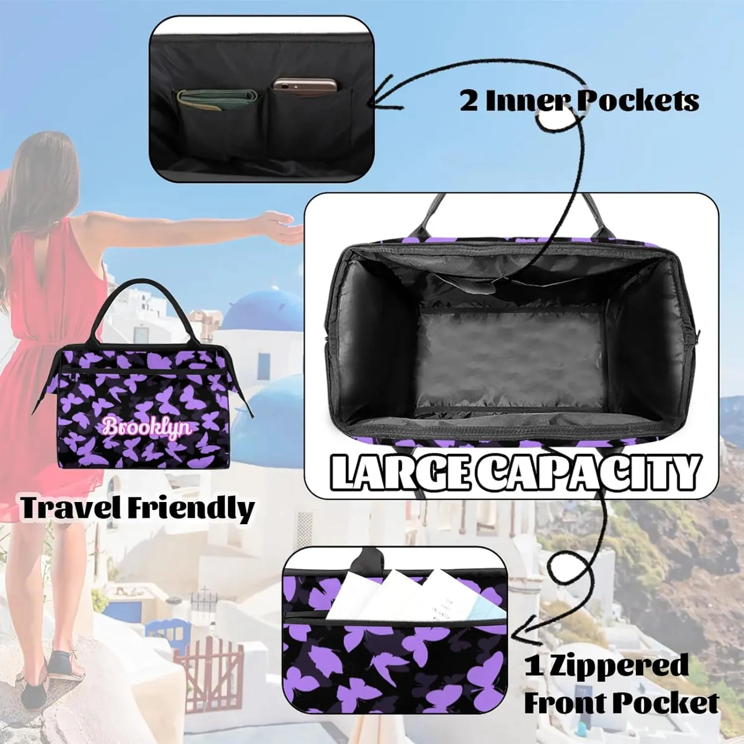 Personalized Butterfly Duffel Bag with Name Custom Travel Sports Bag for Women Men Waterproof Dance Ballet Bag Lightweight 15.2in, Light Purple