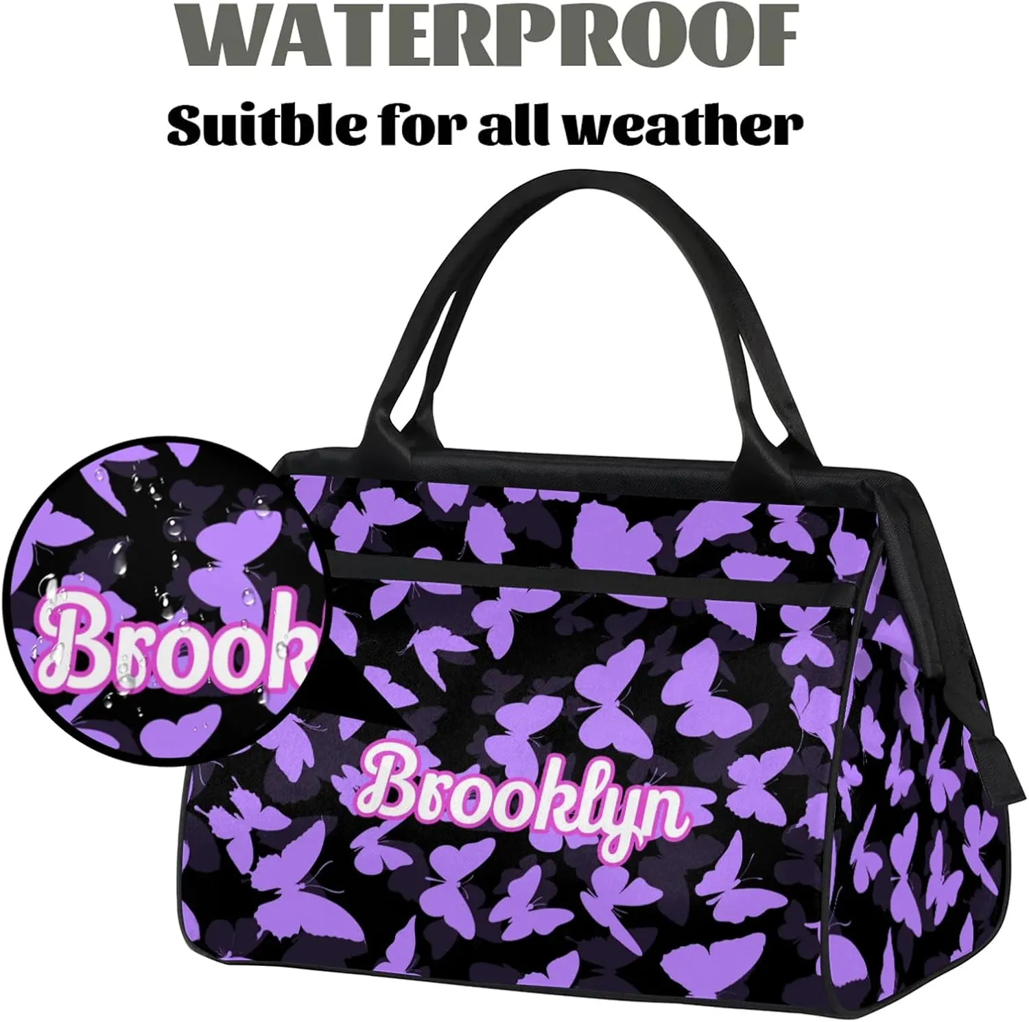 Personalized Butterfly Duffel Bag with Name Custom Travel Sports Bag for Women Men Waterproof Dance Ballet Bag Lightweight 15.2in, Light Purple