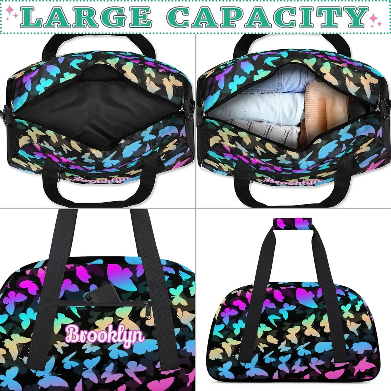 Personalized Butterfly Duffel Bag with Name Custom Travel Sports Bag for Women Men Waterproof Dance Ballet Bag Lightweight 18.9in, Blue Purple
