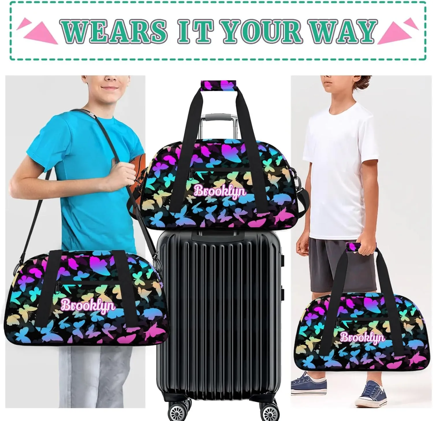 Personalized Butterfly Duffel Bag with Name Custom Travel Sports Bag for Women Men Waterproof Dance Ballet Bag Lightweight 18.9in, Blue Purple