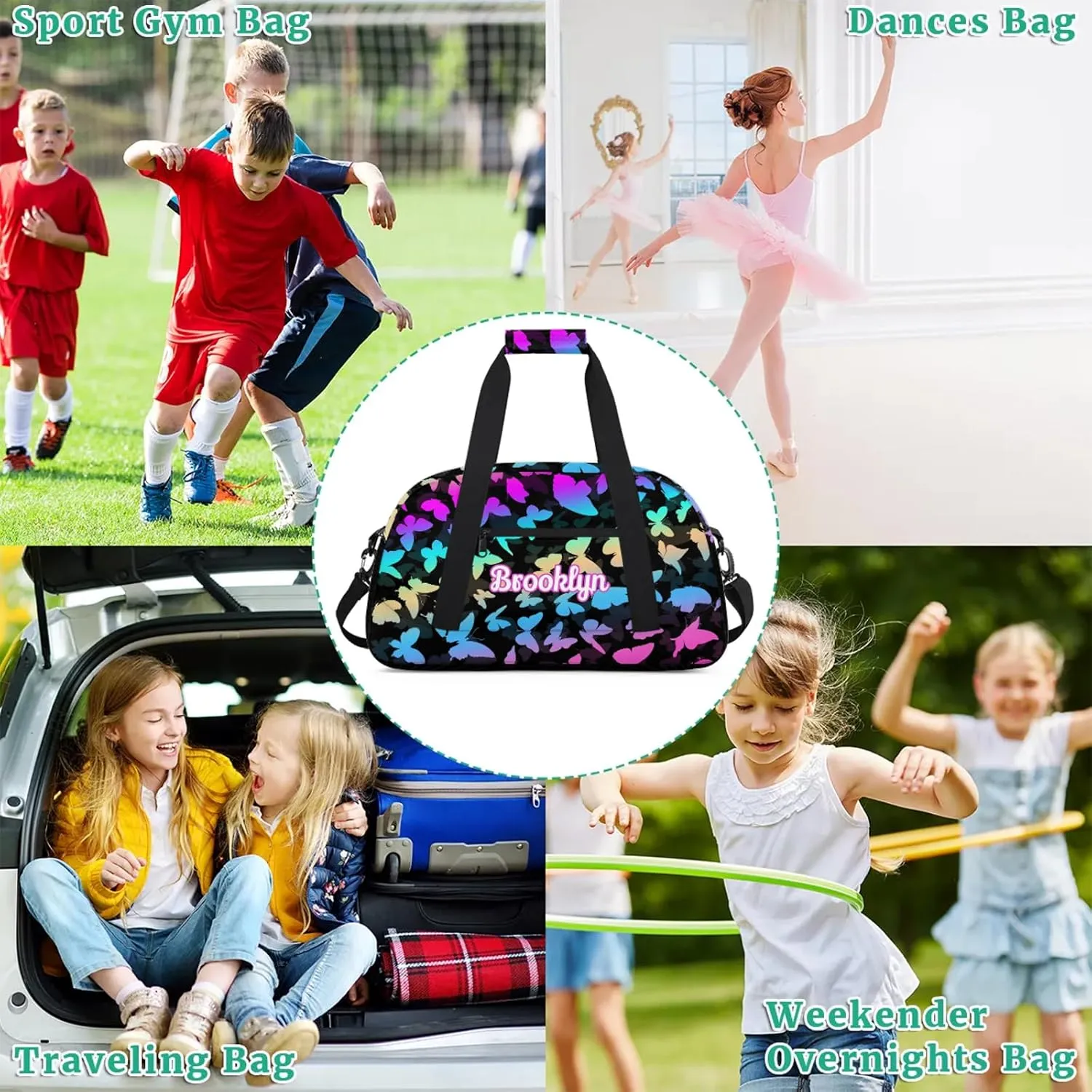 Personalized Butterfly Duffel Bag with Name Custom Travel Sports Bag for Women Men Waterproof Dance Ballet Bag Lightweight 18.9in, Blue Purple