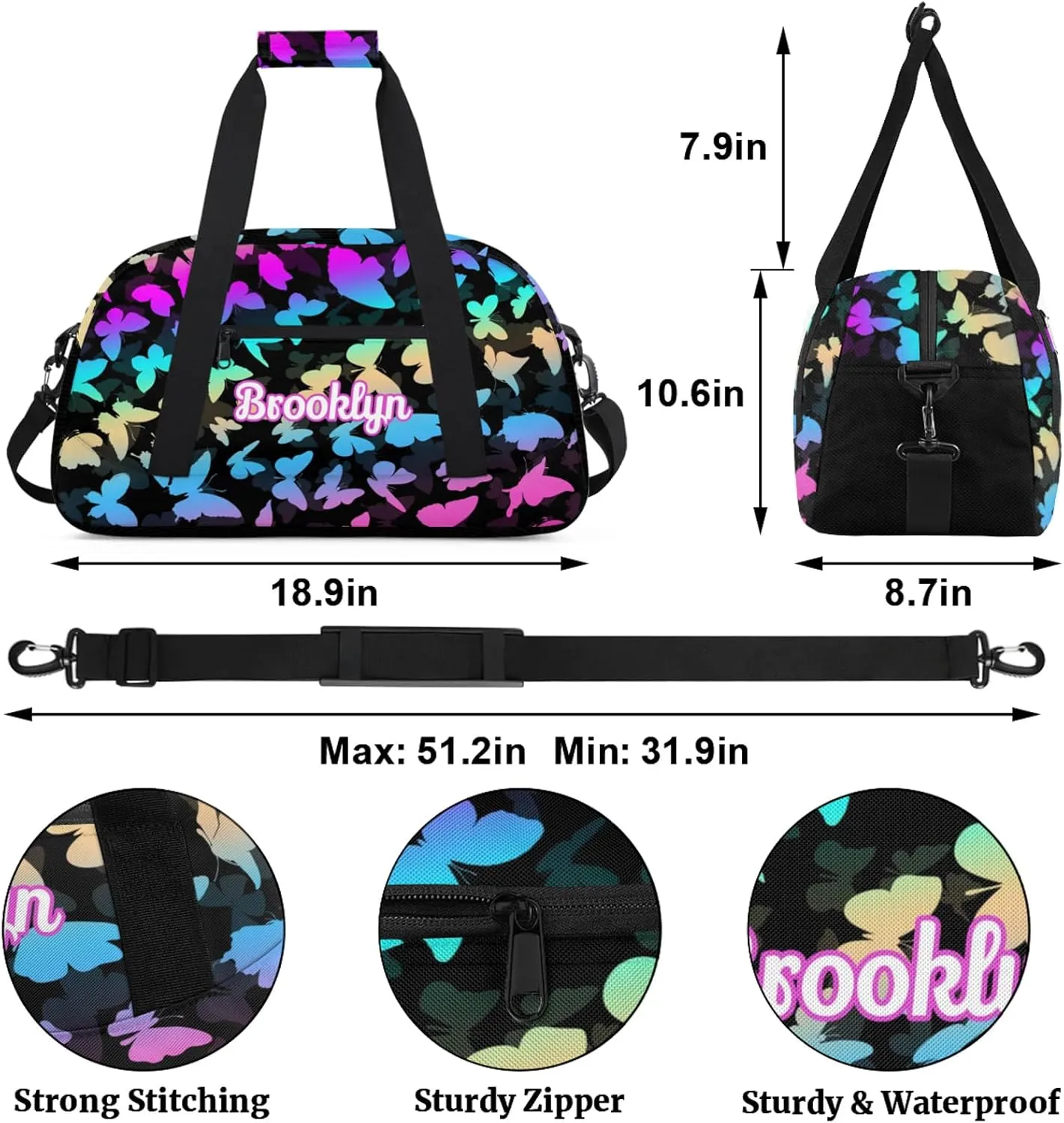 Personalized Butterfly Duffel Bag with Name Custom Travel Sports Bag for Women Men Waterproof Dance Ballet Bag Lightweight 18.9in, Blue Purple