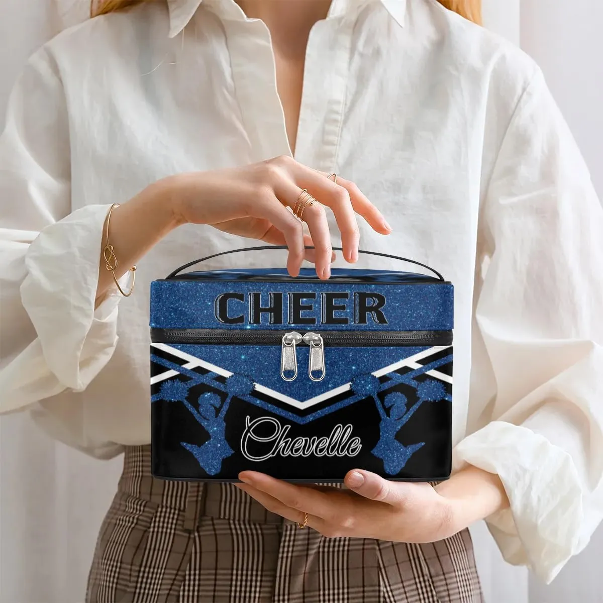 Personalized Cheer Travel Makeup Bag for Girls Women, Custom Cheerleader Cosmetic Make Up Zipper Pouch Bag, Personalized Gifts, Dark Blue Glitter Bag