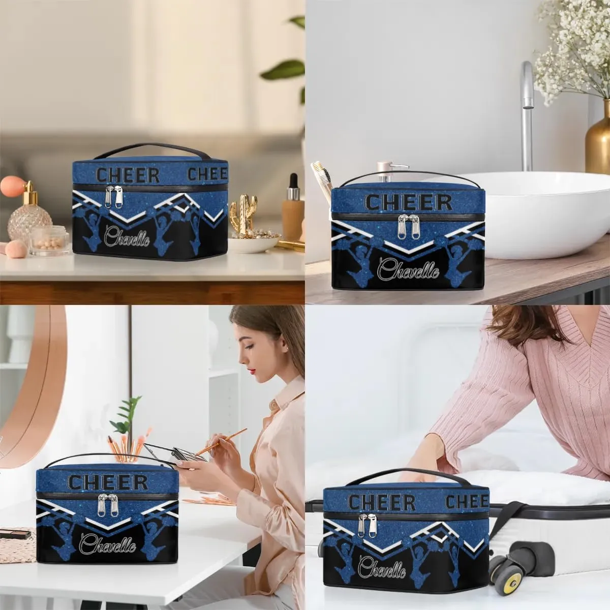 Personalized Cheer Travel Makeup Bag for Girls Women, Custom Cheerleader Cosmetic Make Up Zipper Pouch Bag, Personalized Gifts, Dark Blue Glitter Bag