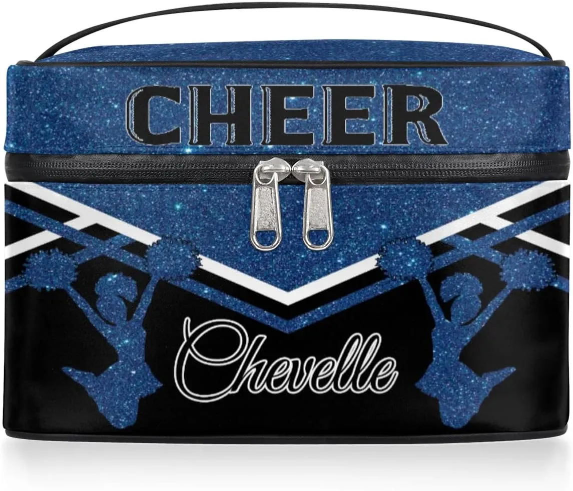 Personalized Cheer Travel Makeup Bag for Girls Women, Custom Cheerleader Cosmetic Make Up Zipper Pouch Bag, Personalized Gifts, Dark Blue Glitter Bag