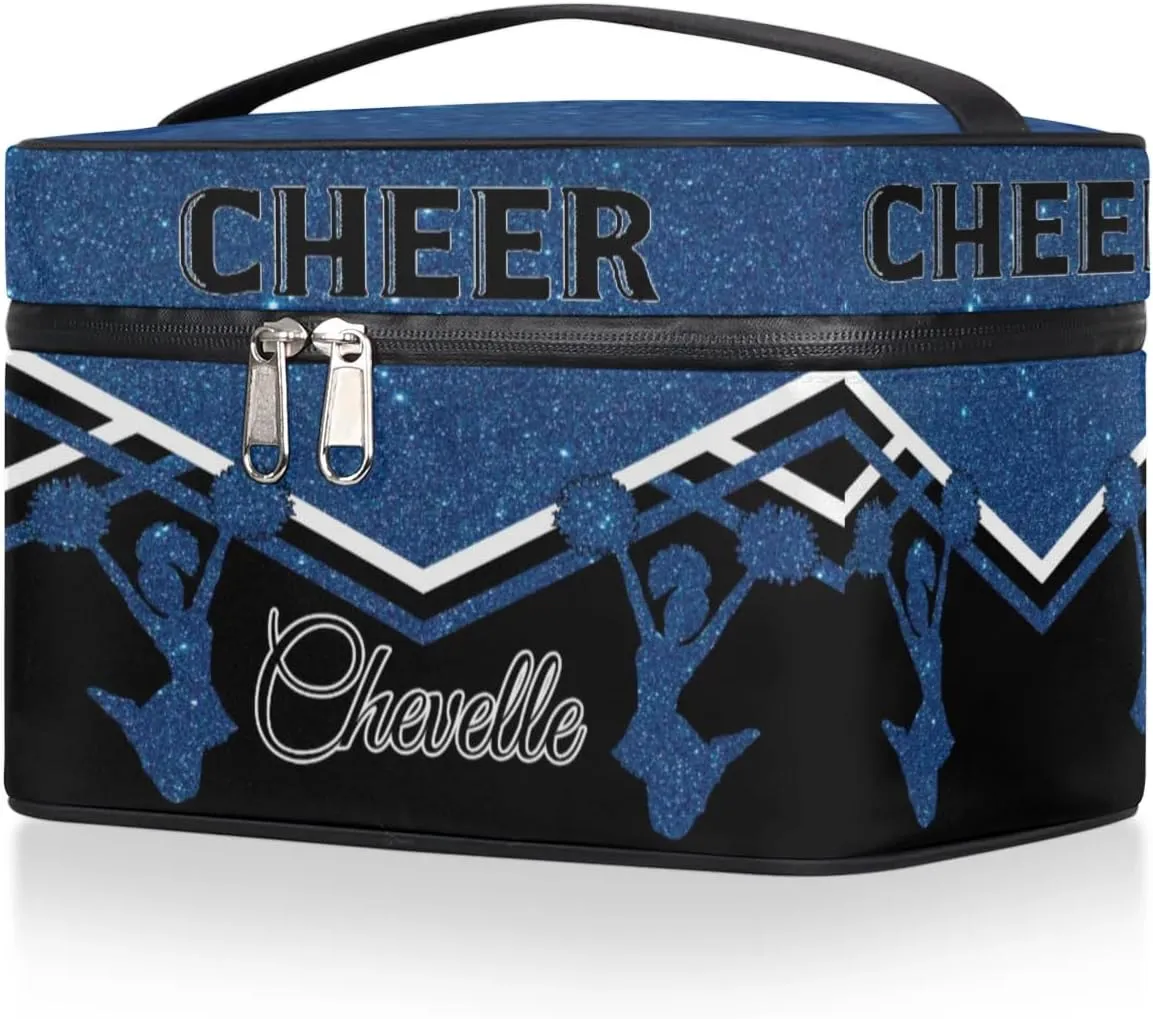 Personalized Cheer Travel Makeup Bag for Girls Women, Custom Cheerleader Cosmetic Make Up Zipper Pouch Bag, Personalized Gifts, Dark Blue Glitter Bag