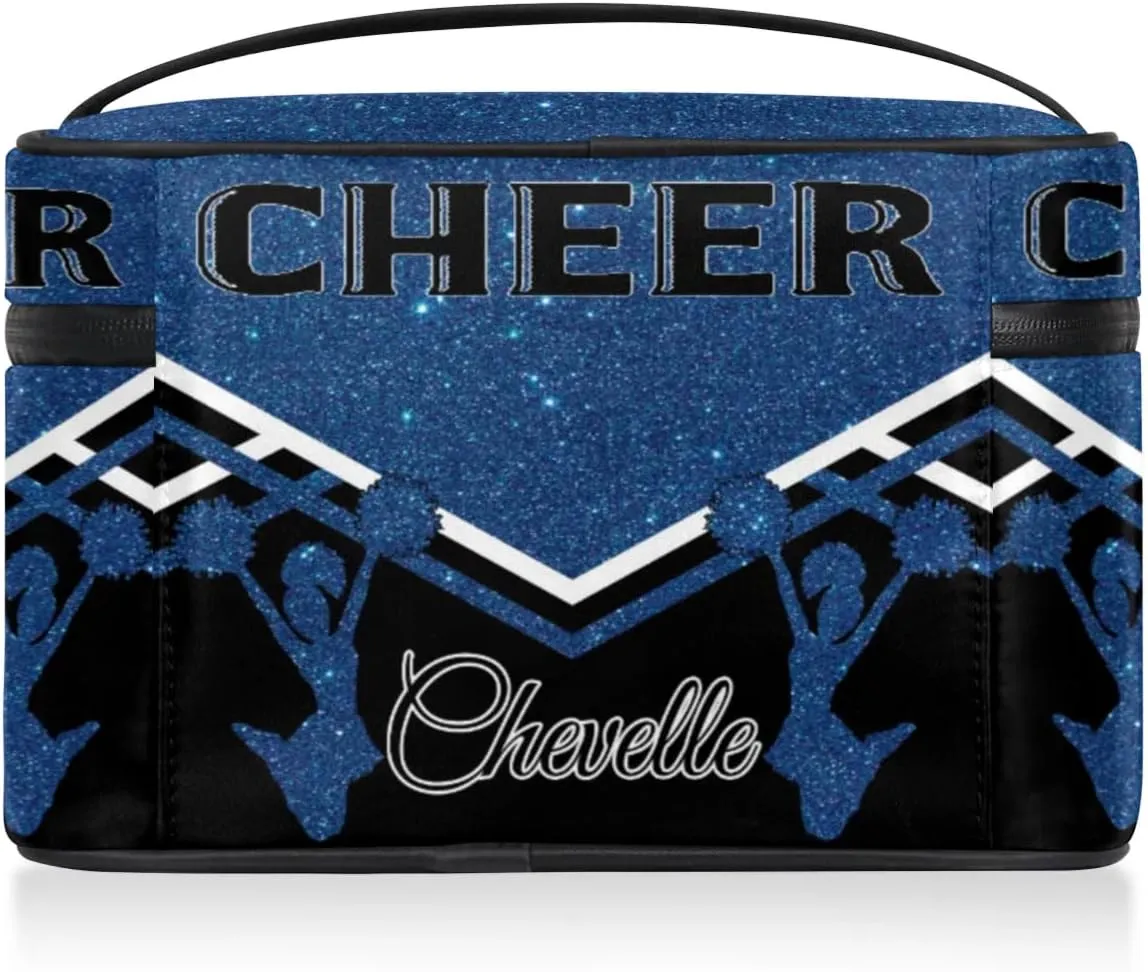 Personalized Cheer Travel Makeup Bag for Girls Women, Custom Cheerleader Cosmetic Make Up Zipper Pouch Bag, Personalized Gifts, Dark Blue Glitter Bag