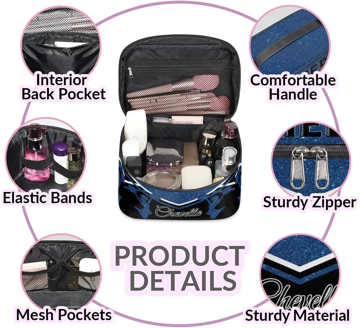 Personalized Cheer Travel Makeup Bag for Girls Women, Custom Cheerleader Cosmetic Make Up Zipper Pouch Bag, Personalized Gifts, Dark Blue Glitter Bag