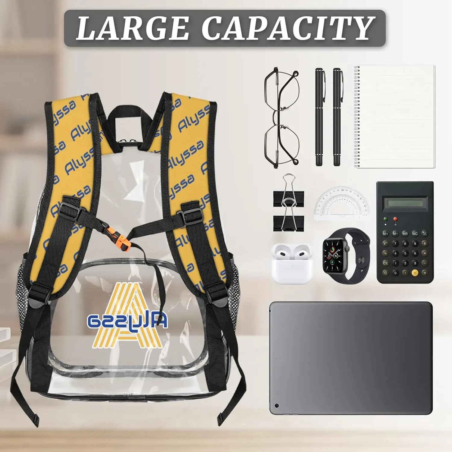 Personalized Clear Backpack with Name, Custom Heavy Duty PVC Transparent Backpack, See Through Back Pack with Reinforced Strap for Stadium Approved Events Blue Yellow