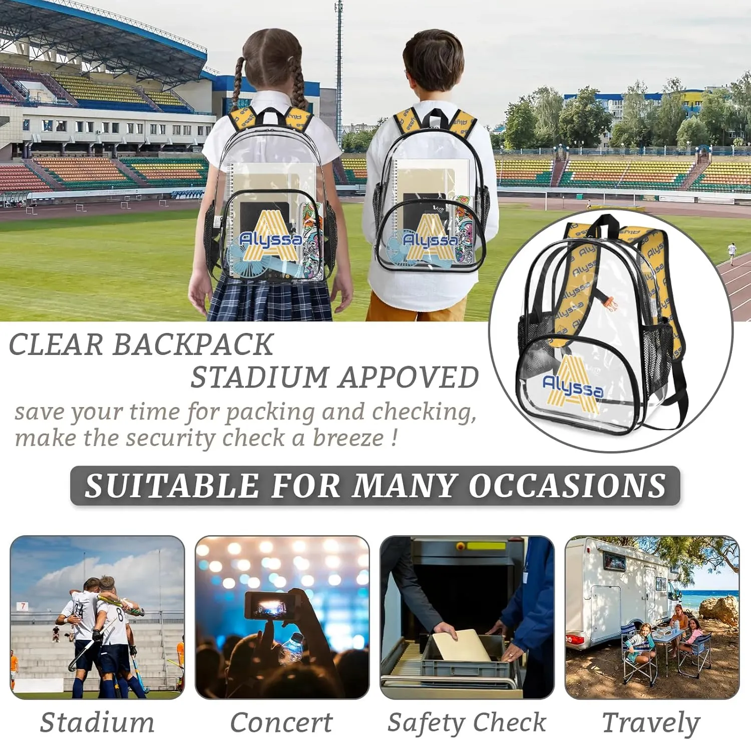 Personalized Clear Backpack with Name, Custom Heavy Duty PVC Transparent Backpack, See Through Back Pack with Reinforced Strap for Stadium Approved Events Blue Yellow