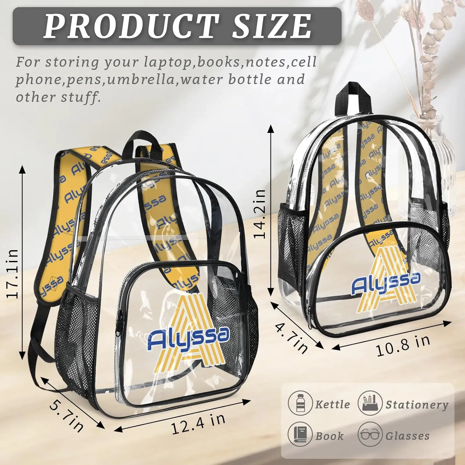 Personalized Clear Backpack with Name, Custom Heavy Duty PVC Transparent Backpack, See Through Back Pack with Reinforced Strap for Stadium Approved Events Blue Yellow