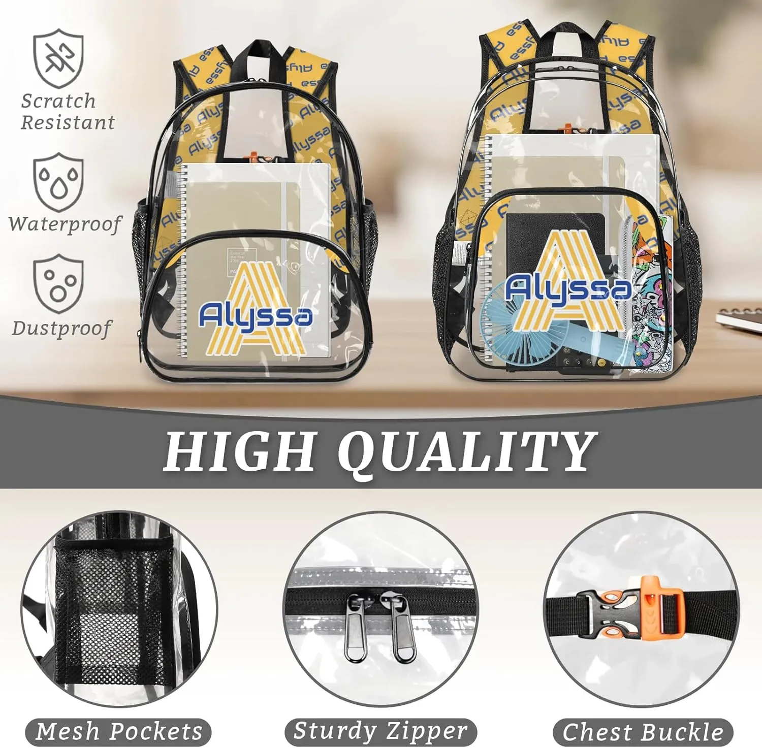 Personalized Clear Backpack with Name, Custom Heavy Duty PVC Transparent Backpack, See Through Back Pack with Reinforced Strap for Stadium Approved Events Blue Yellow