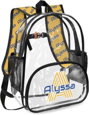 Personalized Clear Backpack with Name, Custom Heavy Duty PVC Transparent Backpack, See Through Back Pack with Reinforced Strap for Stadium Approved Events Blue Yellow