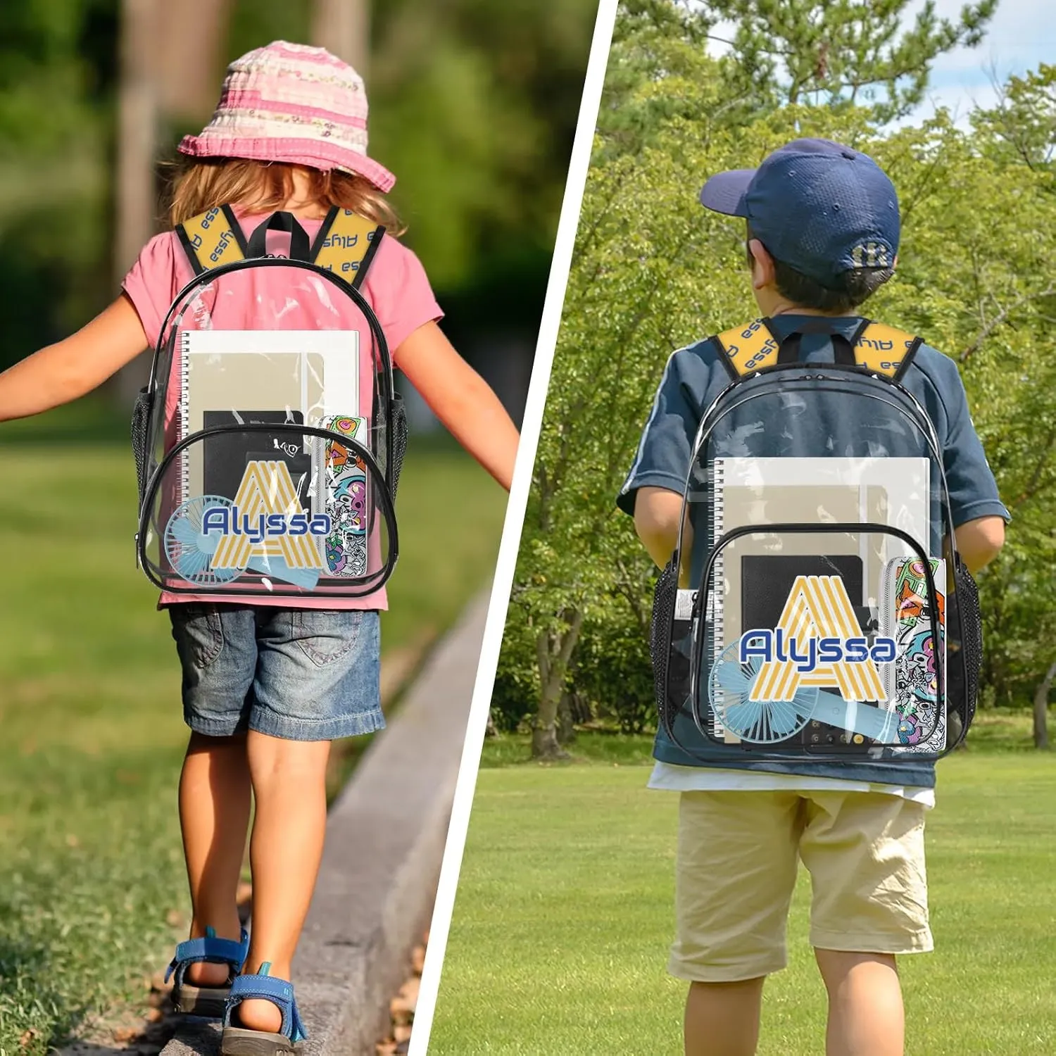 Personalized Clear Backpack with Name, Custom Heavy Duty PVC Transparent Backpack, See Through Back Pack with Reinforced Strap for Stadium Approved Events Blue Yellow