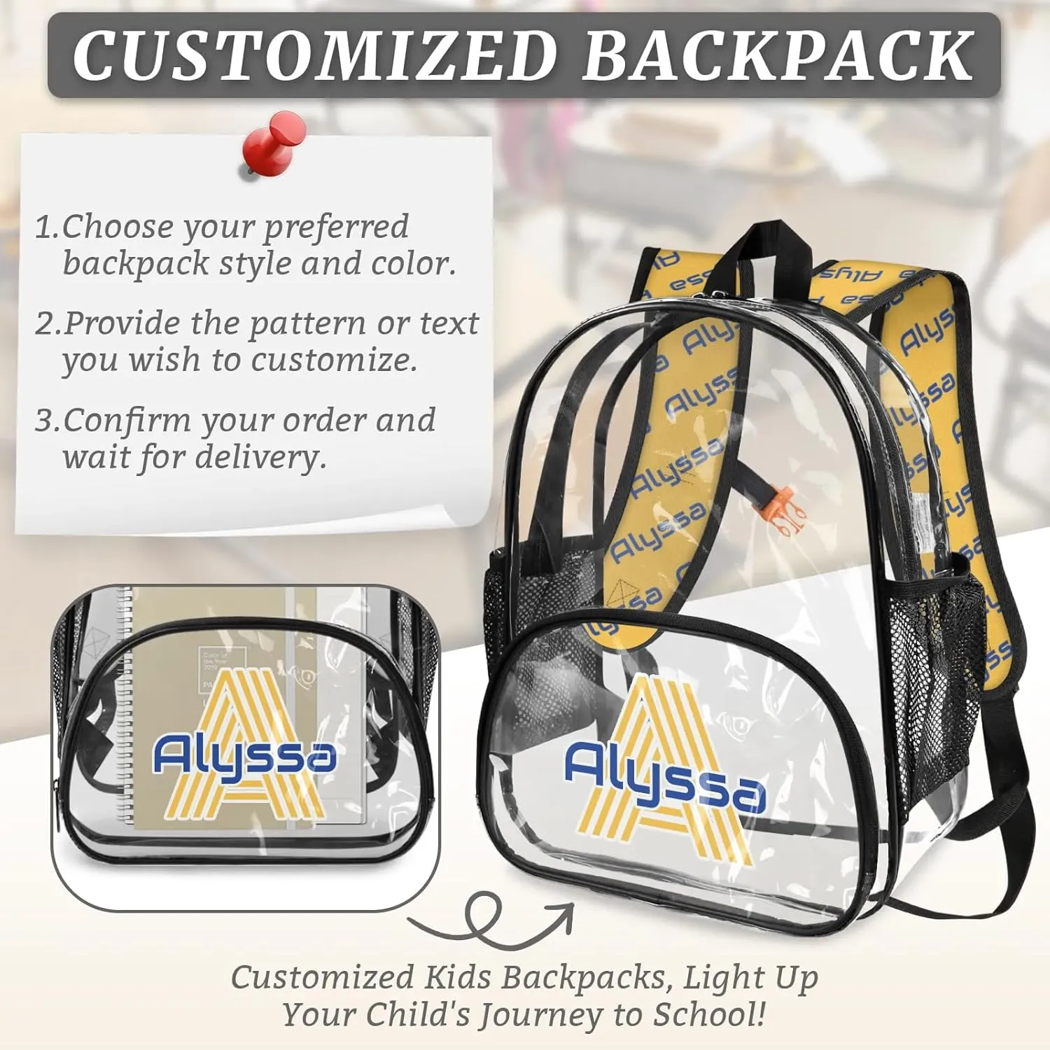 Personalized Clear Backpack with Name, Custom Heavy Duty PVC Transparent Backpack, See Through Back Pack with Reinforced Strap for Stadium Approved Events Blue Yellow