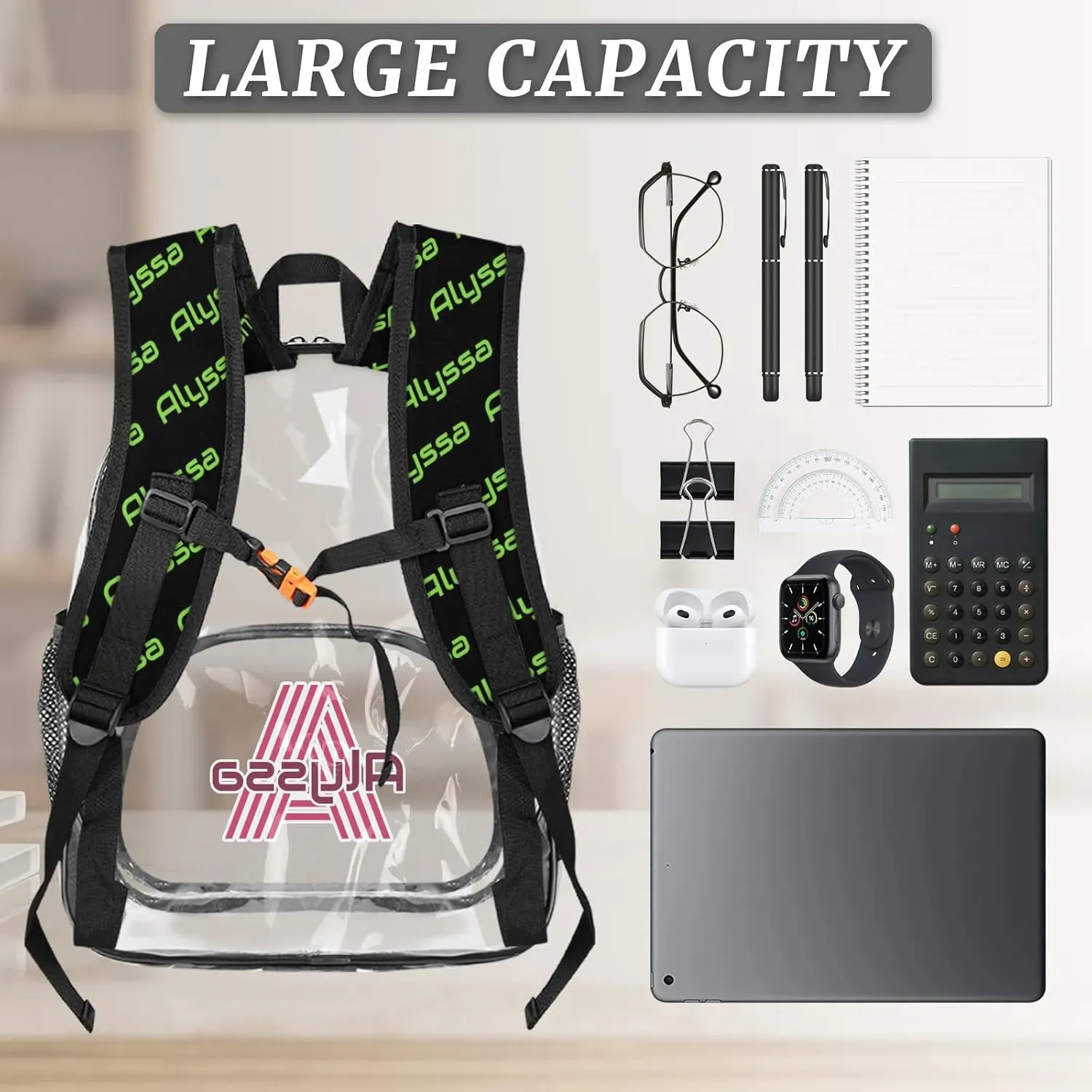 Personalized Clear Backpack with Name, Custom Heavy Duty PVC Transparent Backpack, See Through Back Pack with Reinforced Strap for Stadium Approved Events Green Pink