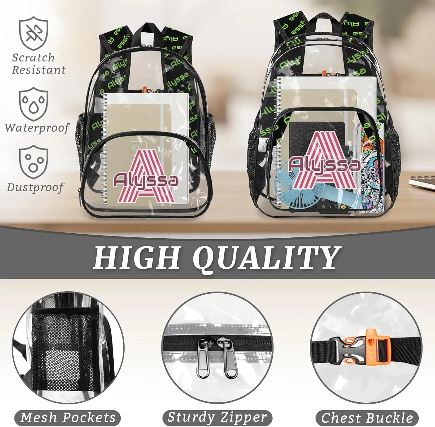 Personalized Clear Backpack with Name, Custom Heavy Duty PVC Transparent Backpack, See Through Back Pack with Reinforced Strap for Stadium Approved Events Green Pink