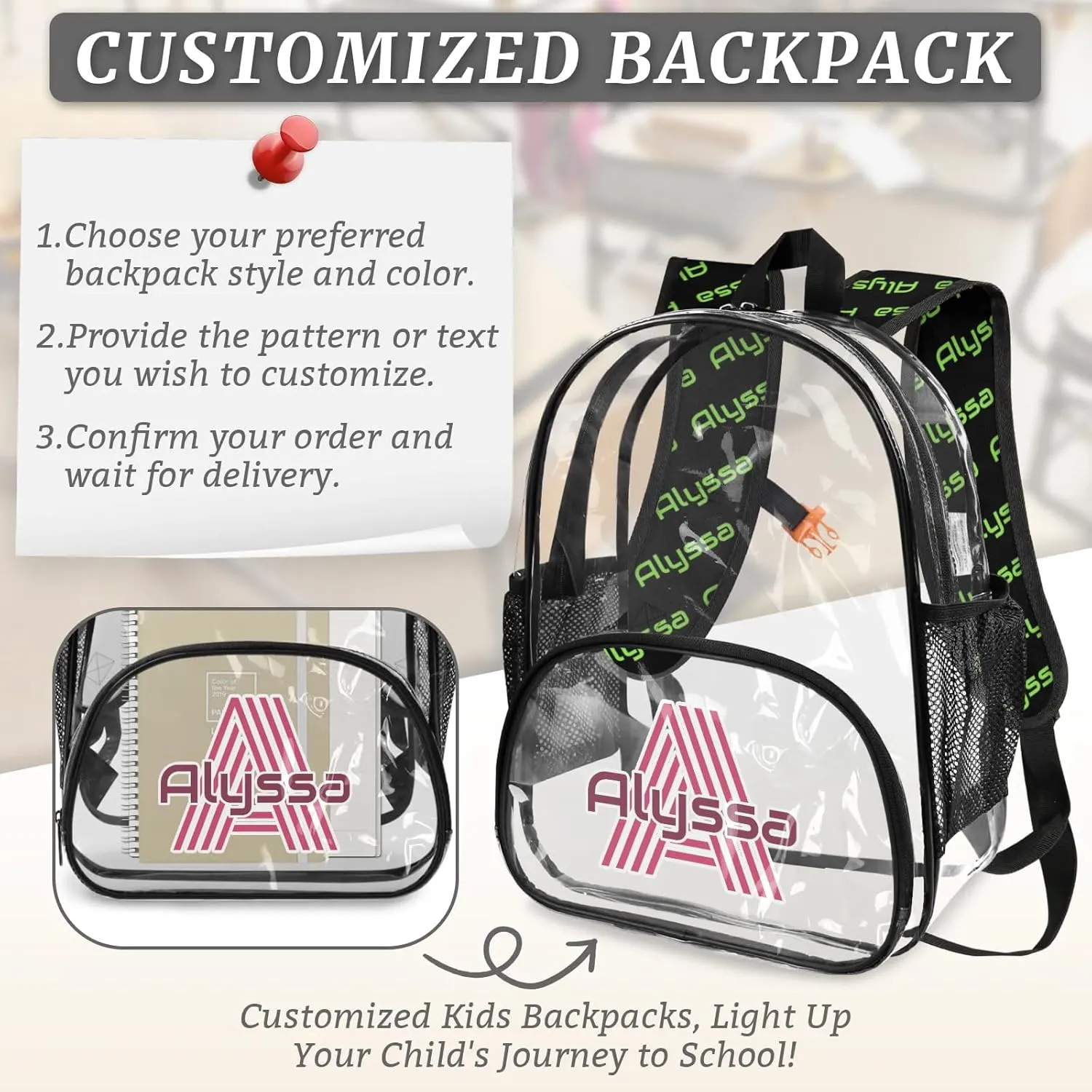 Personalized Clear Backpack with Name, Custom Heavy Duty PVC Transparent Backpack, See Through Back Pack with Reinforced Strap for Stadium Approved Events Green Pink