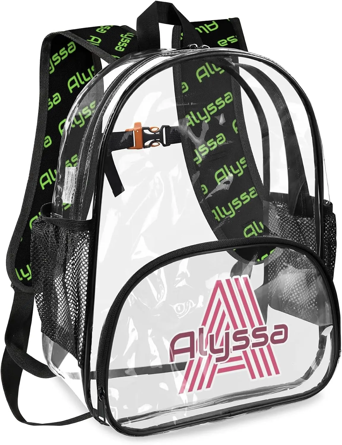 Personalized Clear Backpack with Name, Custom Heavy Duty PVC Transparent Backpack, See Through Back Pack with Reinforced Strap for Stadium Approved Events Green Pink