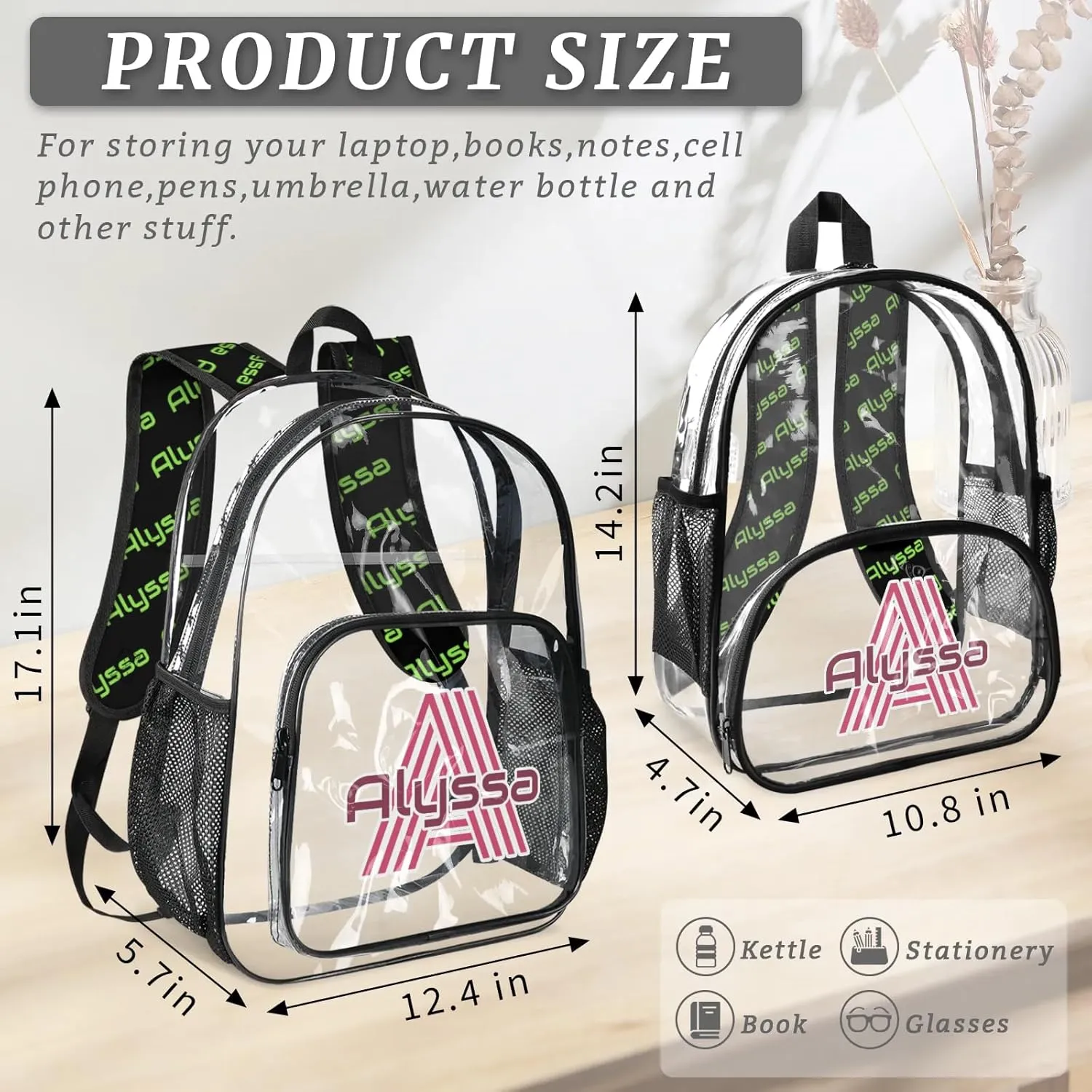 Personalized Clear Backpack with Name, Custom Heavy Duty PVC Transparent Backpack, See Through Back Pack with Reinforced Strap for Stadium Approved Events Green Pink