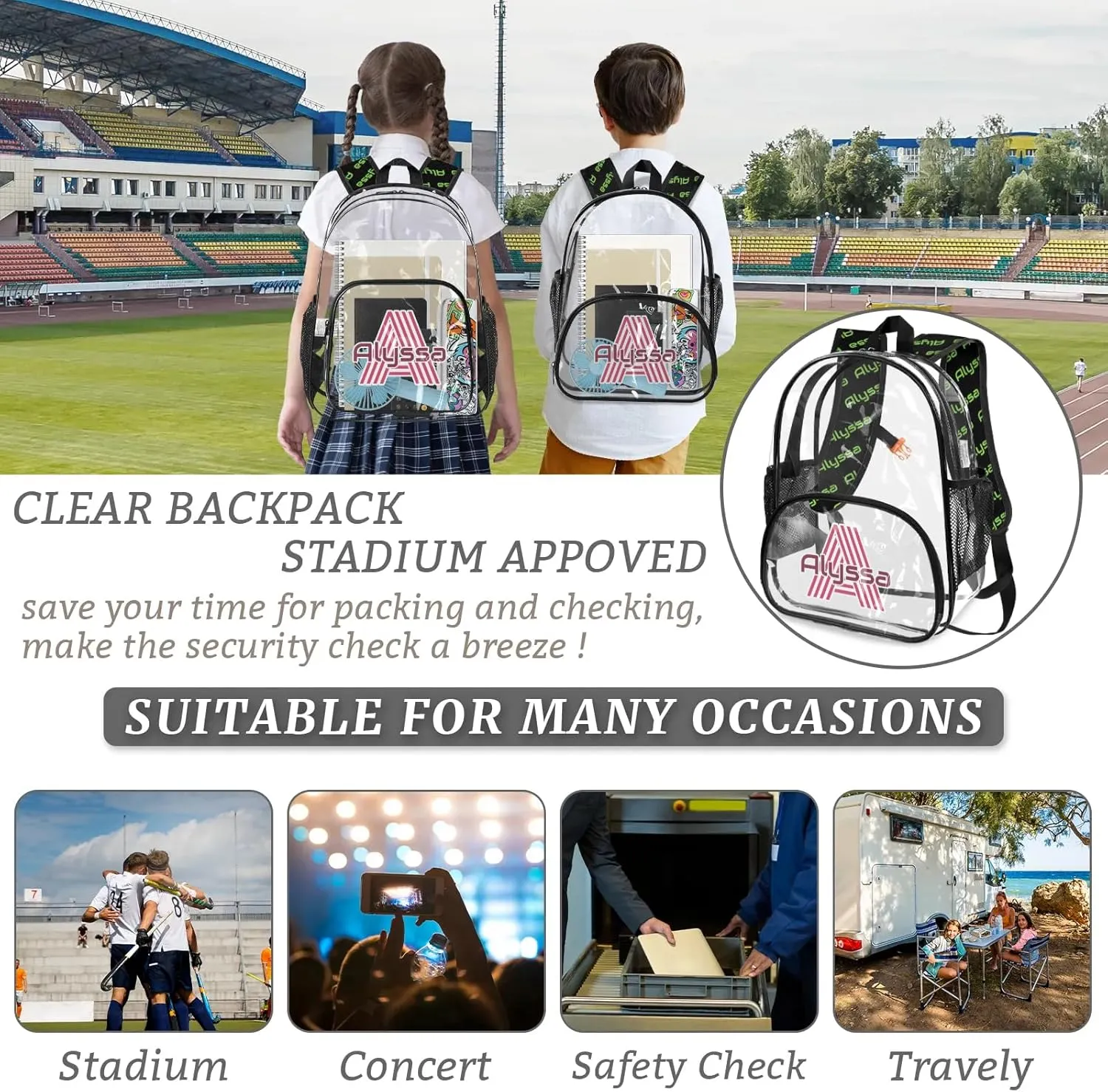 Personalized Clear Backpack with Name, Custom Heavy Duty PVC Transparent Backpack, See Through Back Pack with Reinforced Strap for Stadium Approved Events Green Pink