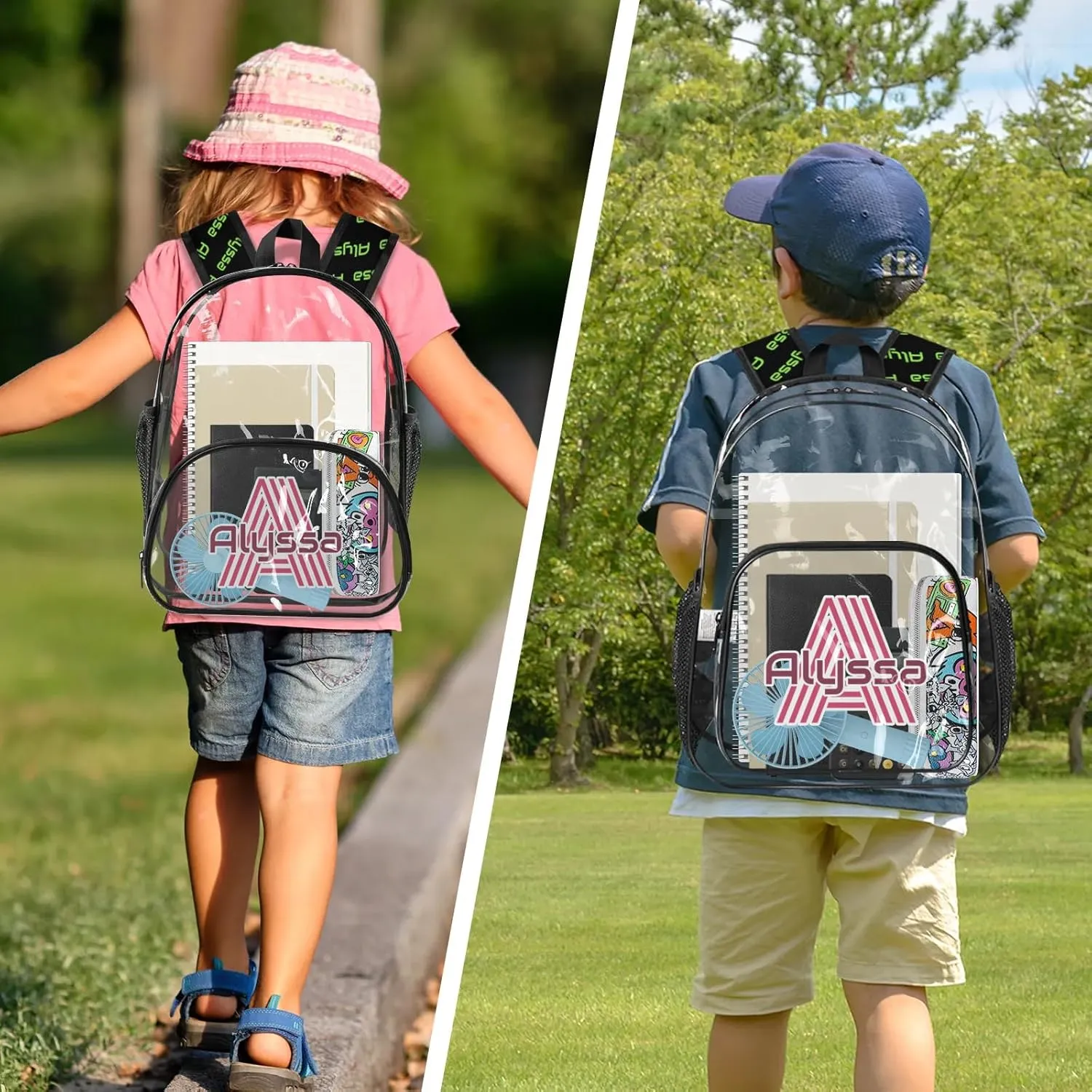 Personalized Clear Backpack with Name, Custom Heavy Duty PVC Transparent Backpack, See Through Back Pack with Reinforced Strap for Stadium Approved Events Green Pink