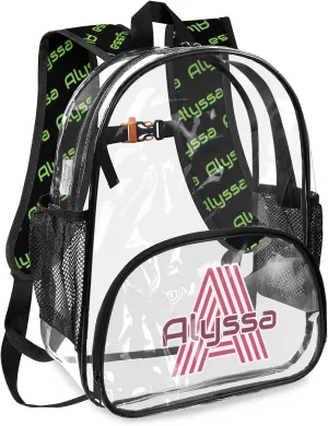 Personalized Clear Backpack with Name, Custom Heavy Duty PVC Transparent Backpack, See Through Back Pack with Reinforced Strap for Stadium Approved Events Green Pink