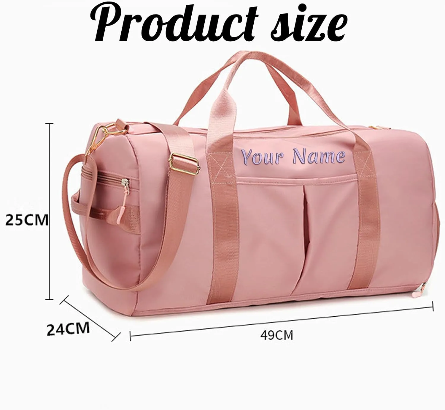 Personalized Duffel Bag, Custom Name Embroidered Gym Bag, Sports Bag with Wet and Dry Pocket & Shoe Compartment, Overnight Excursion Bag, Weekend Travel Bag, Dance & Yoga Bag (Pink)