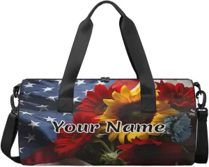 Personalized Duffel Bag for Women, Custom American Flag Gym Bag for Sports, Waterproof Dance Bag with Name, Lightweight Carryon Gym Bag, Memorial Day Flowers
